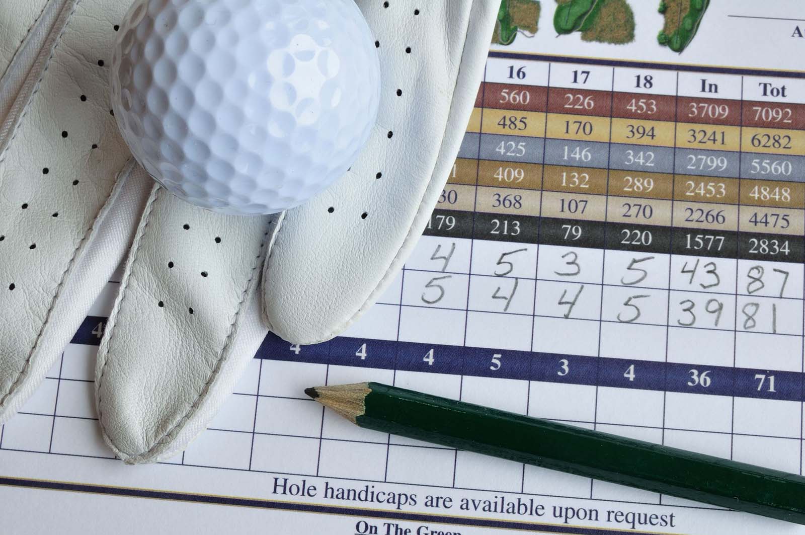 Golf scorecard with scores, glove, ball, and pencil